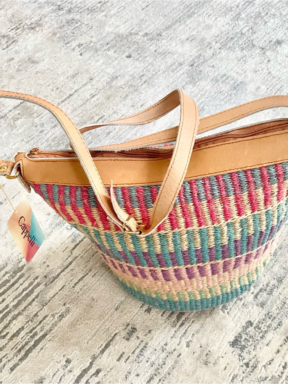 NWT- Capelli Multicolor Woven Straw Shoulder Bag with Tan Strap - Picture 3 of 12